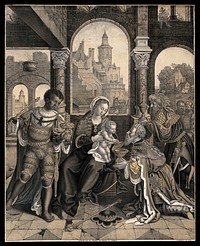 The three Magi offer gifts to the infant Christ, who sits on the Virgin's lap. Tinted lithograph by I. Bergman, 1822, after J.C. Schwarz.
