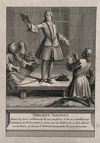 Philippe Sergent, standing on the tomb of F. de Paris and singing after being miraculously cured of ankylosis. Engraving, 173-.