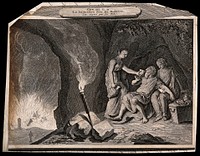 Lot and his daughters take refuge in a cave and begin their debauch; outside, his wife, now a pillar of salt, faces the furnace of Sodom. Engraving.