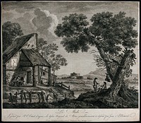 A lake, a cottage and ruins: country people are resting and enjoying the noontime with the sun-dial pointing at XII; representing midday. Etching by P.C Canot and C. Norton after J. Pillement.