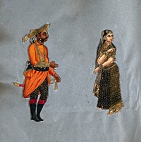 A Bundela man and wife of south India. Gouache painting.