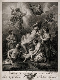 Bacchus being bathed by nymphs after being born from Jupiter's knee, his mother Semele is consumed by flames. Engraving by C. Patas after A. Borel after Rinaldo Mantovano.