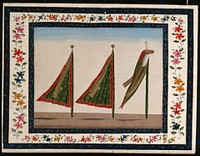 Three pennants, unfurled. Gouache painting by an Indian artist.