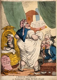 Joanna Southcott the prophetess exposing herself to three physicians in order to validate her pregnancy. Coloured etching by T. Rowlandson, 1814.