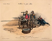 A hybrid of a cannon and a clyster is attended by General Georges Mouton and Gabriel Delessert, the chief of police; representing their use of the water-cannon to dispel an uprising. Coloured lithograph.