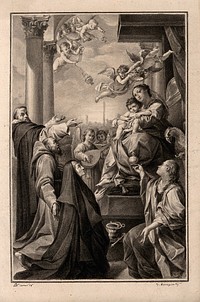 The Virgin Mary with the Christ Child and angels, with Saint Francis, Saint Dominic, Saint Monica and Saint Mary Magdalene. Drawing by F. Rosaspina, 1830, after L. Carracci.