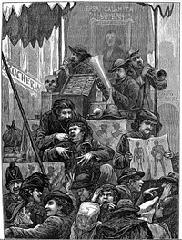 An itinerant medicine vendor and tooth-drawer with his company, performing operations and offering medicines for sale from a waggon to a crowd of people in Rome. Wood engraving, 1872.