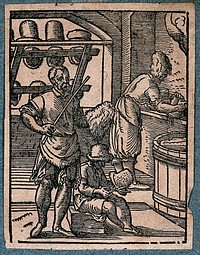 Three hatters at work in their workshop, with hats on display. Woodcut by J. Amman.