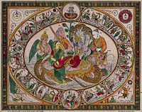Narayan on the waters with Lakshmi massaging his legs surrounded by Narada, Maruti, Garuda and Tumbra, all surrounded by roundels. Coloured transfer lithograph.