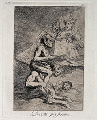 A naked witch carried on the shoulders of a monster sings from a choirbook held with pincers by two grotesque bishops while two apelike swimmers look on. Etching by F. Goya, 1796/1798.