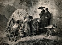 A homeless family pulling a covered wagon up a steep mountain side in Tyrol; on the path they pass two priests in cassocks, carrying crosses. Wood engraving, 1879, after M. Schmid.