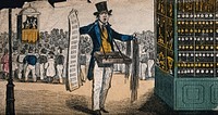 A man is selling song sheets at a fair; a crowd has gathered to watch a Punch and Judy show. Coloured wood engraving.