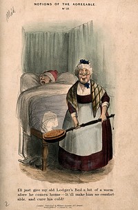 An elderly land-lady taking a warming-pan to put in her lodgers bed, which is already occupied by someone else. Coloured lithograph by H. Heath.