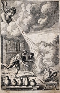 A potter is running towards a large jug which a blast of wind from a cherub in the clouds has shattered; illustration of a fable by J. Ogilby. Etching.