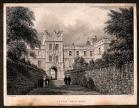 Jesus College, Cambridge: the gatehouse. Line engraving by J. Le Keux after F. Mackenzie.