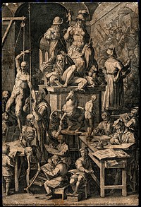 Figures practising the fine arts and drawing from a suspended skeleton and corpse. Engraving by C. Cort, 1578, after J. van der Straet.