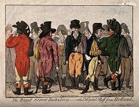 Town fops including L. Skeffington, J. Penn and Lord Kirkcudbright, feigning fashionable wounds after the return of the troops from Holland. Coloured etching after J. Cawse, 1799.