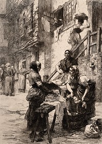 Saint-Malo, Brittany: women washing clothes in barrels, carrying washing in baskets and hanging items from windows. Etching by L. Lhermitte, 1881.