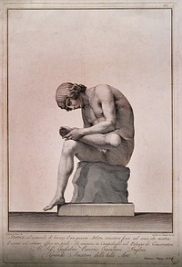 The Spinario: an athlete examining his damaged foot. Line engraving by F. Piranesi after L. Corazzari.
