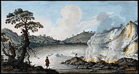The Solfatara, and the issue of hot vapours from underground lakes caused by the gathering of rainwater below the Solfatara. Coloured etching by Pietro Fabris, 1776.