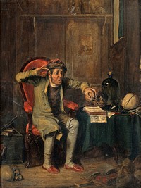 An anxious man comparing his own head to a skull, using the technique of phrenology. Oil painting by Theodore Lane, 182-.