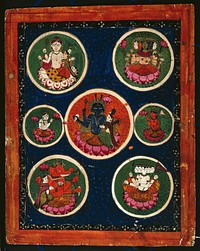 An image of Lord Vishnu and Lakshmi in the central circle surrounded by images of other deities, including Shiva and Parvati, Mahadevi and Ganesha. Gouache painting by an Indian painter.