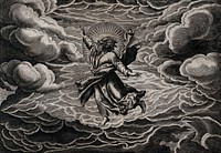 The second day of Creation: God, suspended in the clouds, divides the heavens from the waters. Line engraving by T. de Leu after M. de Vos.