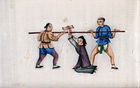 A kneeling Chinese woman is subjected to torture: the woman's hands are tied above her head, while two men insert a pole between her wrists. Gouache painting on rice-paper, 18--.