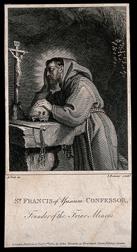 Saint Francis of Assisi, holding a skull, contemplating a crucifix. Etching by J. Romney, 1814.
