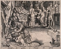 Amnon, son of David, simulates illness in order to attract his half sister Tamar, who is preparing a meal; in the corner a physician is examining a urine specimen. Line engraving after M. van Heemskerck.