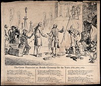 George Grenville, Chancellor of the Exchequer, holding a pair of unbalanced scales representing his budget, while William Pitt the elder and others mock him and make suggestions for reducing the British government's debt. Etching, 1765.
