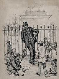 A drunk man holding a broken umbrella is leaning against the railings of a park; children around him. Drawing by L. Harris, ca. 1890.