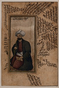 A Persian physician. Gouache painting by a Persian artist, Qajar period.