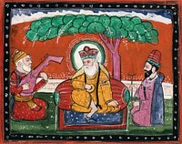 Page 49: Guru Nanak listening to some music attended by his holy man. Watercolour drawing.