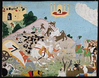 The death of Ravana, the ten headed demon king of Lanka by Lord Rama, his brother Lakshman and an army of monkeys. Gouache painting by an Indian painter.