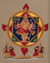 Vishnu in a mandala with Lakshmi sitting on either side. Gouache painting by an Indian painter.