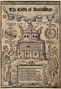The castle of knowledge, flanked by the spheres of destiny and fortune. Woodcut, 1556.