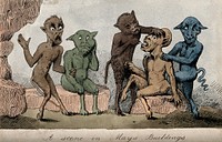 Dental operations with five demons: one being operated on, another about to be. Coloured etching.