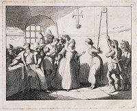 Beatrice Cenci, her stepmother Lucrezia, and one of her father's assassins are imprisoned and questioned by the papal authorities; Beatrice is tortured, and Lucrezia tries to persuade her to confess to the murder. Etching, ca. 1850.