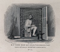 A man visiting a health resort is seated in a cubicle and is being sprayed with water coming from the walls. Etching, May 1869.