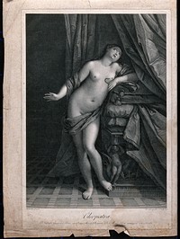 The suicide of Cleopatra: Cleopatra stands next to her bed holding the asp in her left hand. Line engraving by R. Strange after G. Reni, 1777.