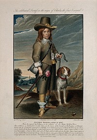 Jeffery Hudson, a dwarf. Coloured engraving by J. Stow, 1810, after G.P. Harding after D. Mytens.