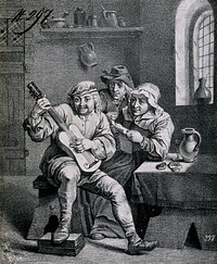 A guitar player in a dingy tavern with a woman holding a song-sheet and a man with glass by his side. Lithograph after D. Teniers .