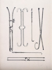 Surgical instruments. Pen and ink drawing, 1850/1910.