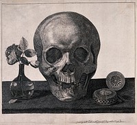 A skull with a timepiece and flowers Etching by William Faithorne, 16--, after Philippe de Champaigne.