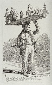 An itinerant salesman selling reproductions of antique and modern sculptures from a timber board he balances on his head. Etching by J.T. Smith, 1815.