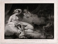 Venus [Aphrodite]: cupids dragging before her the boar which killed Adonis. Stipple engraving by W. Holl after R. Westall.