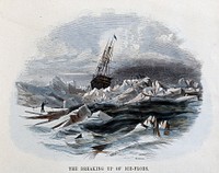 Geography: a ship in an ice-field. Coloured wood engraving by C. Whymper.