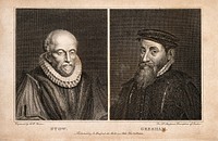 John Stow and Thomas Gresham. Line engraving by A.W. Warren, 1808.