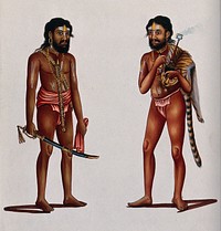 Two Hindu ascetics or holy men, one holding a sword in a scabbard (left), the other smoking a hookah (right). Gouache painting, ca. 1880 .